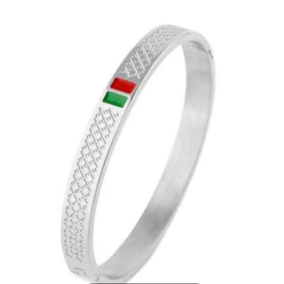 Silvertone Stainless Unisex Bangle Bracelet 8" Red & Green Enamel inlay NWT - Picture 1 of 5